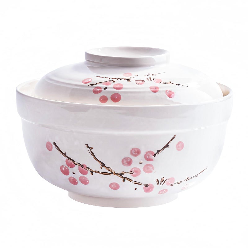 Whitenesser Ceramic Ramen Bowl with lids, Japanese Large 27.5 OZ Big Instant Noodle Bowls for Soup Rice and Porridge (Red Flower) - Image 1